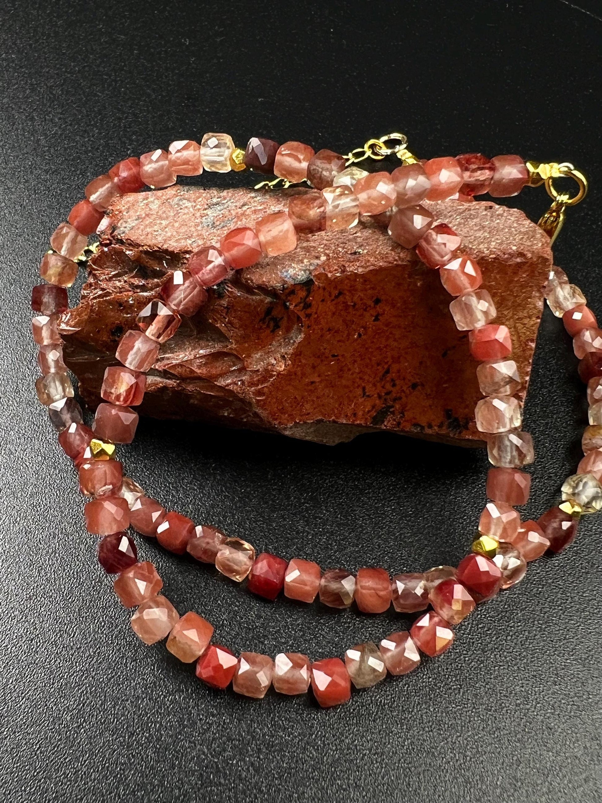 Natural Andesine Ombre peach 4 Faceted Square Cube shape gold vermeil Necklace Energy Chakra Yoga Gift.