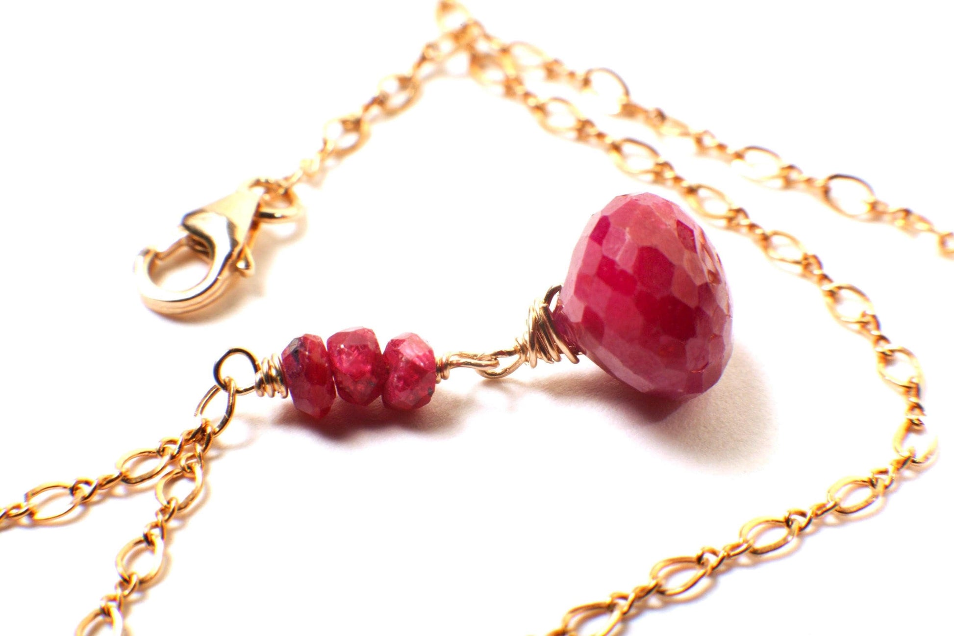 Ruby Onion Drop Briolette, Genuine Ruby Wire Wrapped Faceted 9-10mm Onion drop Ruby Rondelle in 14K Gold Filled Figure 8 Chain Necklace gift