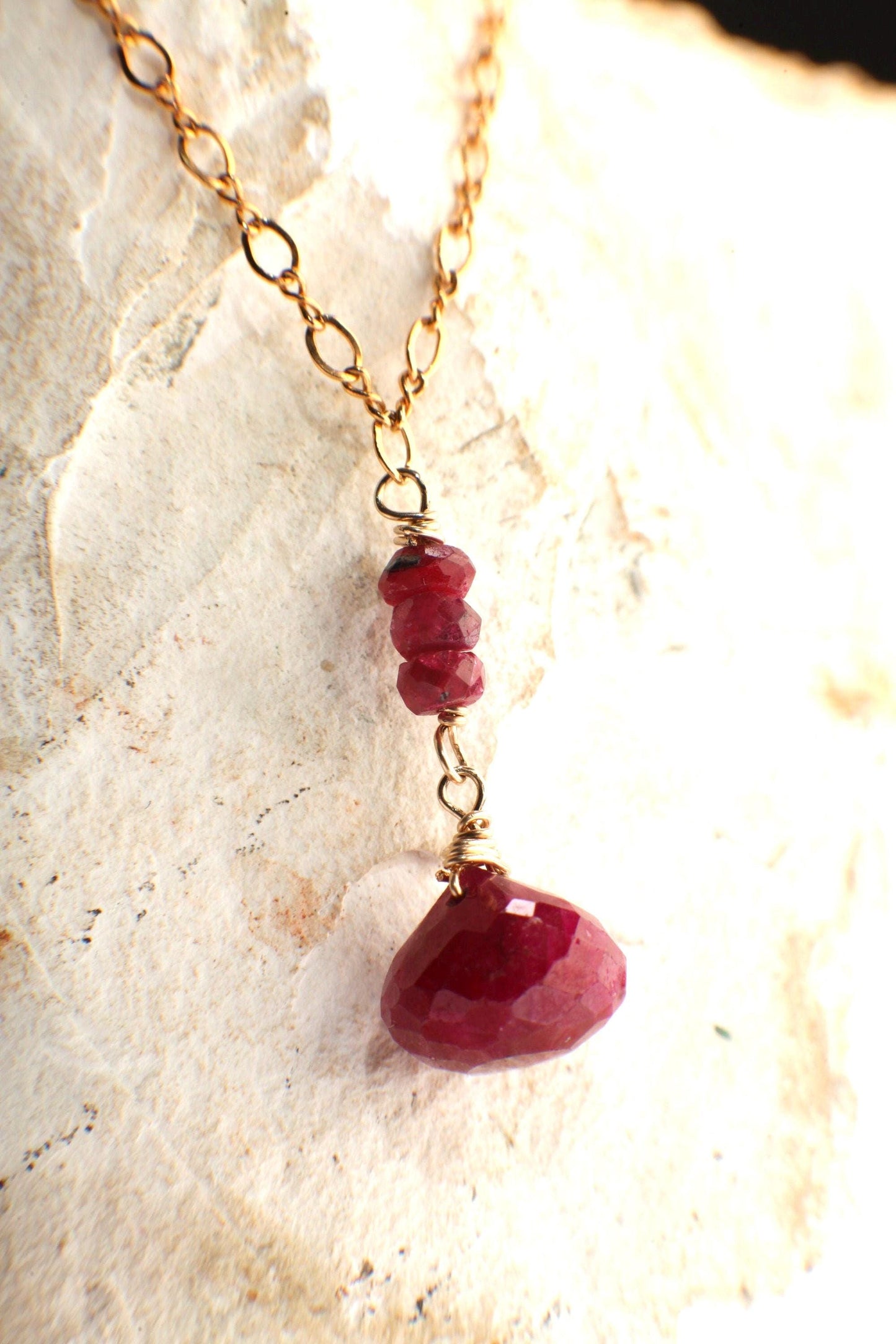 Ruby Onion Drop Briolette, Genuine Ruby Wire Wrapped Faceted 9-10mm Onion drop Ruby Rondelle in 14K Gold Filled Figure 8 Chain Necklace gift