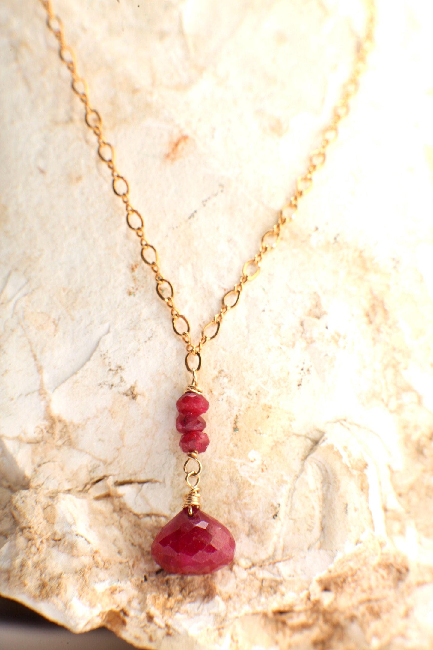 Ruby Onion Drop Briolette, Genuine Ruby Wire Wrapped Faceted 9-10mm Onion drop Ruby Rondelle in 14K Gold Filled Figure 8 Chain Necklace gift