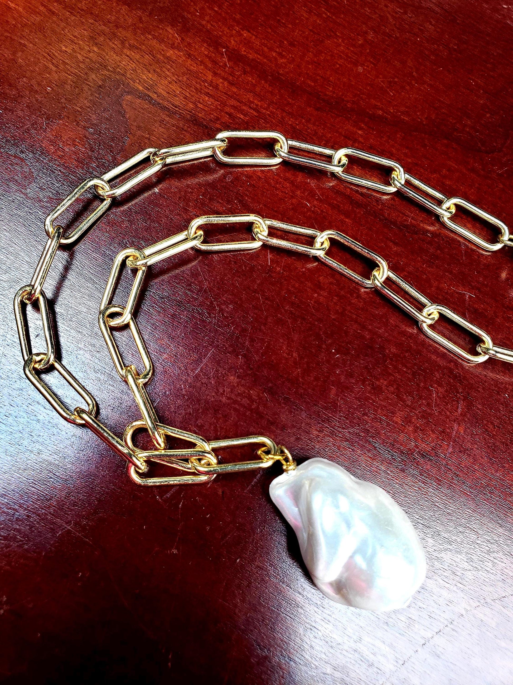 18k Gold Paper clip chain large size 7x17mm chain with huge Baroque pearl 20x30mm pendant gold necklace Resistance and Unity