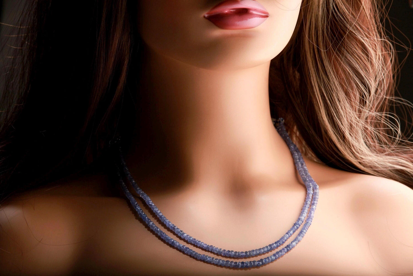 Natural Tanzanite Faceted Rondelle 3.5-5mm Beads 2 Stranded Adjustable Threaded 16" Necklace, 6 Line with Lobster Clasp, 2" Extension, AAA+