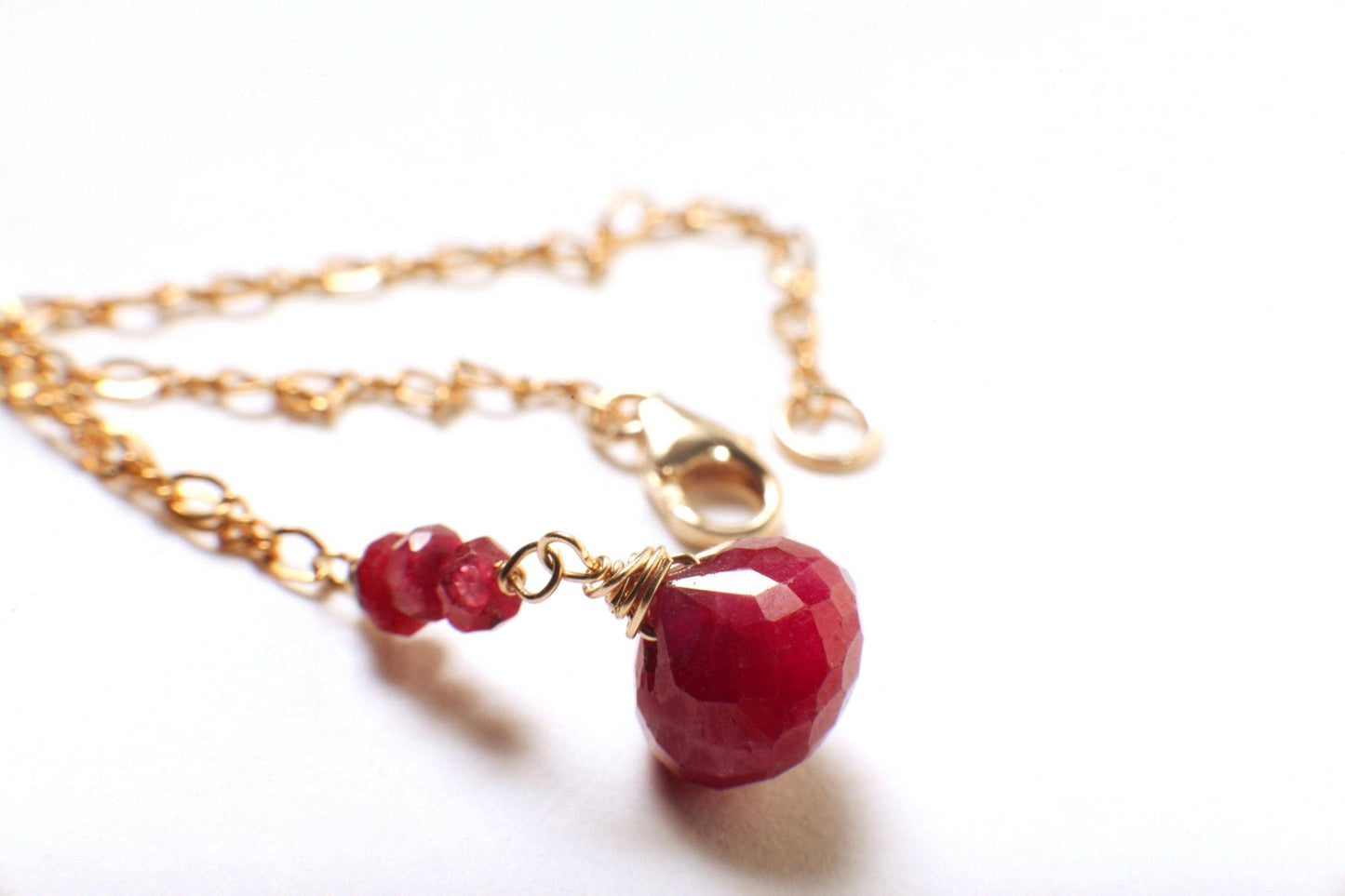 Ruby Onion Drop Briolette, Genuine Ruby Wire Wrapped Faceted 9-10mm Onion drop Ruby Rondelle in 14K Gold Filled Figure 8 Chain Necklace gift