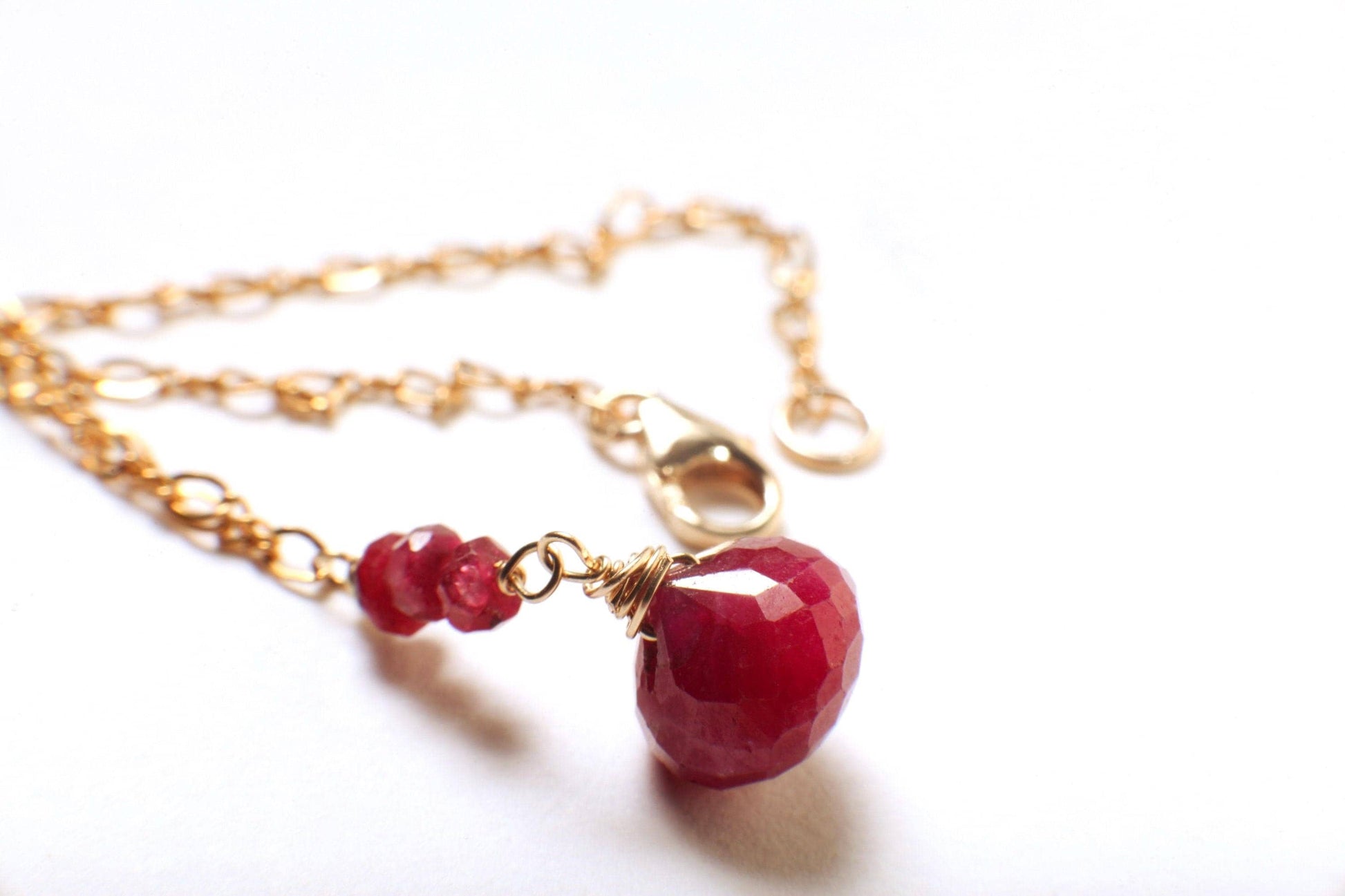Ruby Onion Drop Briolette, Genuine Ruby Wire Wrapped Faceted 9-10mm Onion drop Ruby Rondelle in 14K Gold Filled Figure 8 Chain Necklace gift