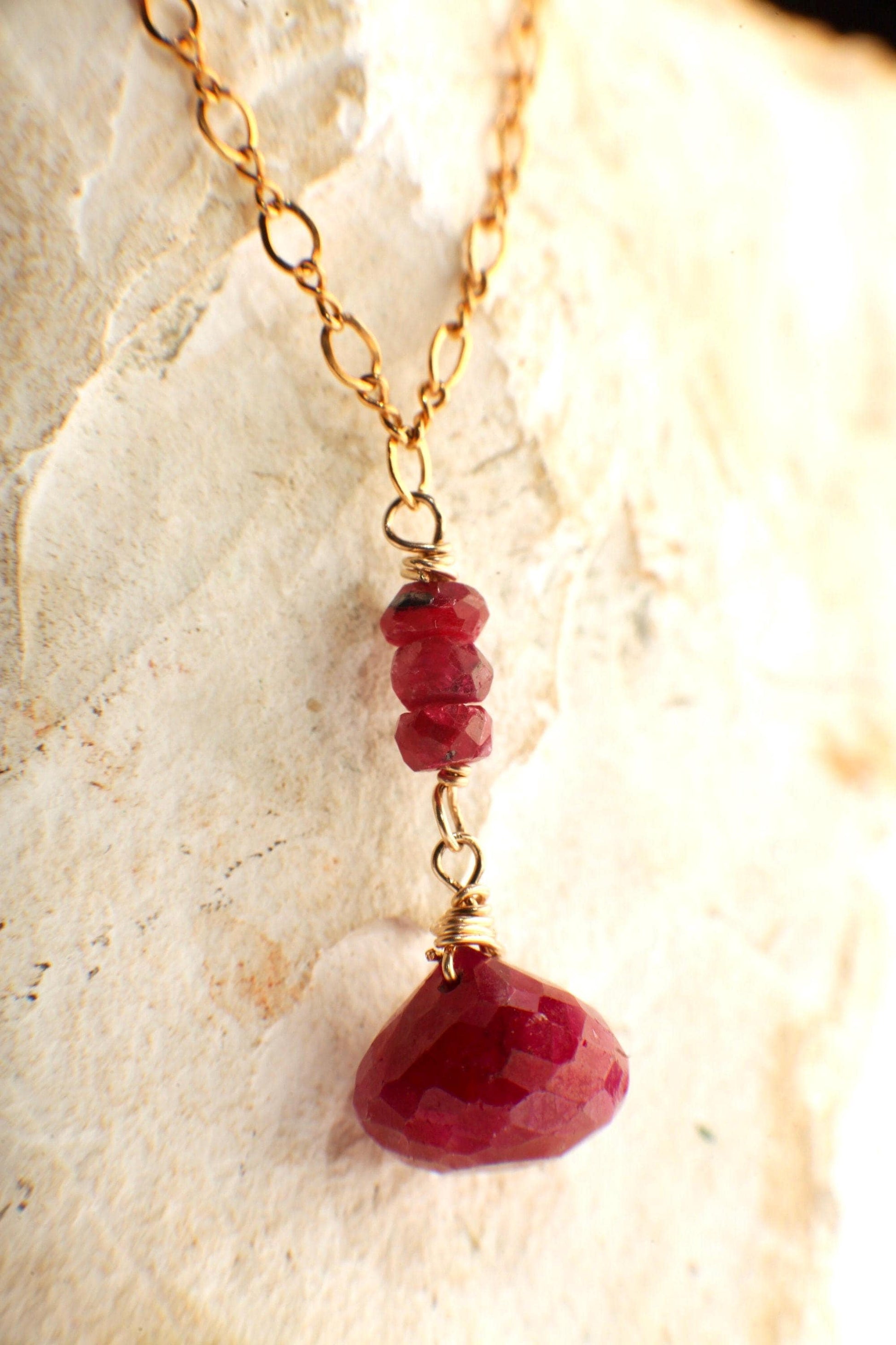 Ruby Onion Drop Briolette, Genuine Ruby Wire Wrapped Faceted 9-10mm Onion drop Ruby Rondelle in 14K Gold Filled Figure 8 Chain Necklace gift