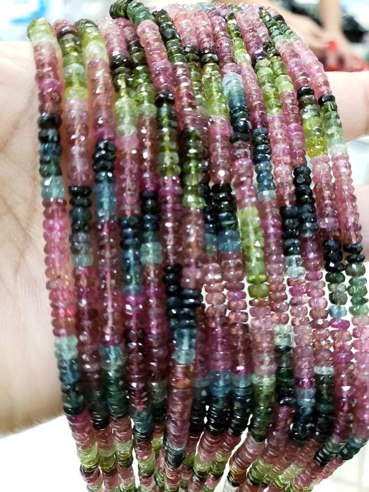 Natural Watermelon Tourmaline 4-5.5mm Rondelle, AAA Quality Faceted Micro Diamond Cut Tourmaline Rondelle, Jewelry Making Beads 13" St