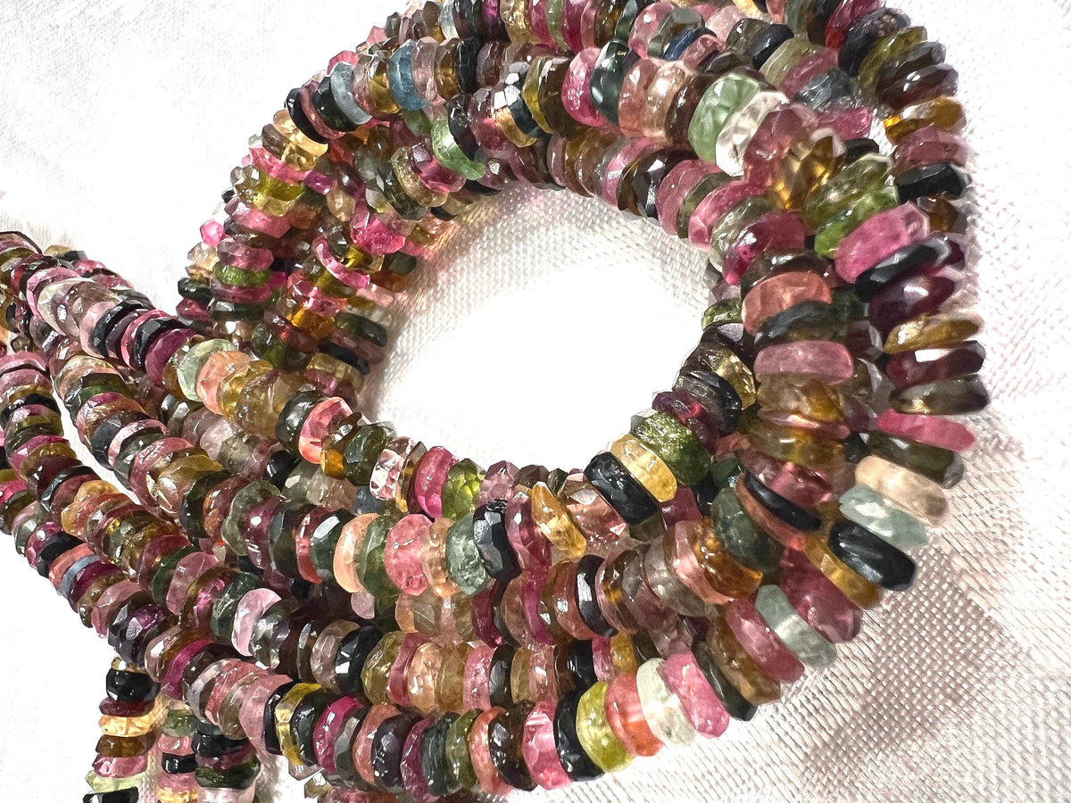 Natural Multi Watermelon Tourmaline 4-4.5mm heishi cut washer roundel beads AAA quality Jewelry Making, healing Beads 4”,8” strand