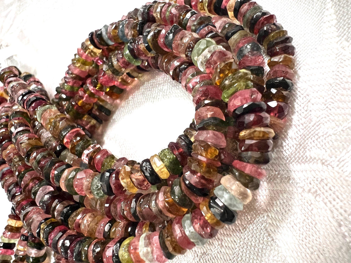 Natural Multi Watermelon Tourmaline 4-4.5mm heishi cut washer roundel beads AAA quality Jewelry Making, healing Beads 4”,8” strand
