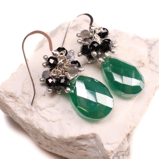 Genuine Green Onyx large drop mystic 12x16mm cluster with labradorite & black spinel wire wrapped 925 sterling silver earrings