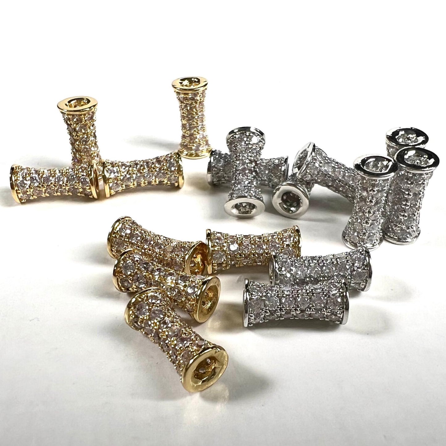 Cubic Zirconia CZ diamond Micro Pave dog bone drum tube spacer pendant center piece 4.5x9.5mm long. 1 piece