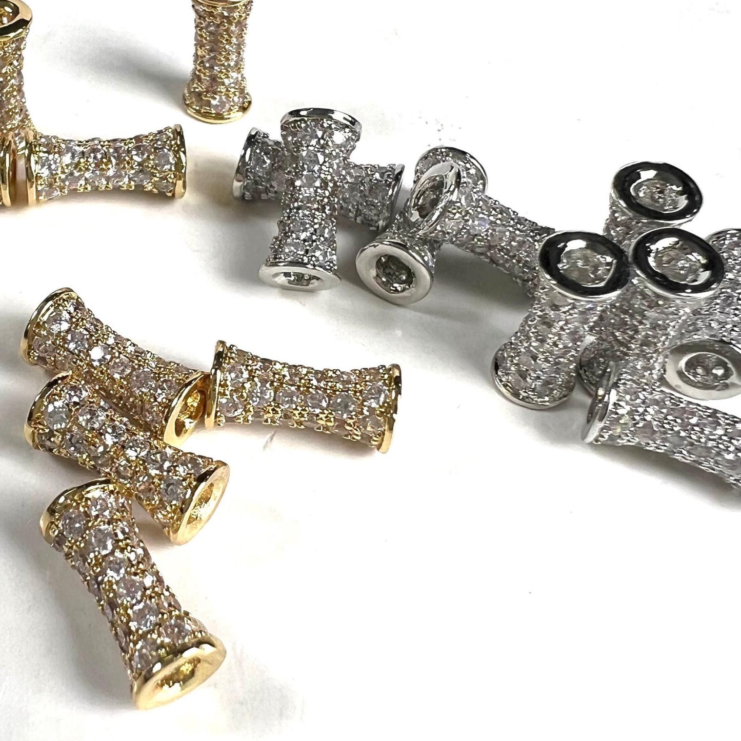 Cubic Zirconia CZ diamond Micro Pave dog bone drum tube spacer pendant center piece 4.5x9.5mm long. 1 piece