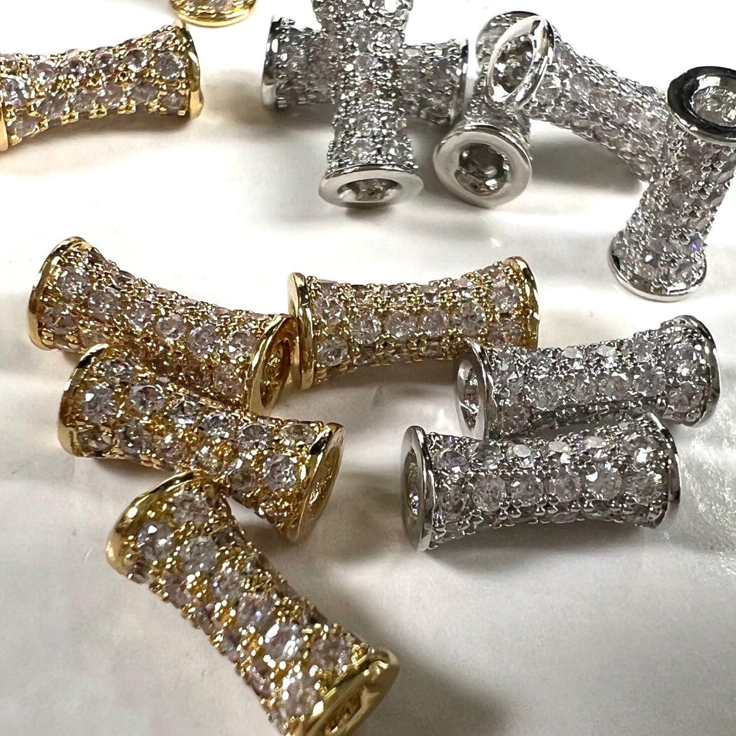 Cubic Zirconia CZ diamond Micro Pave dog bone drum tube spacer pendant center piece 4.5x9.5mm long. 1 piece
