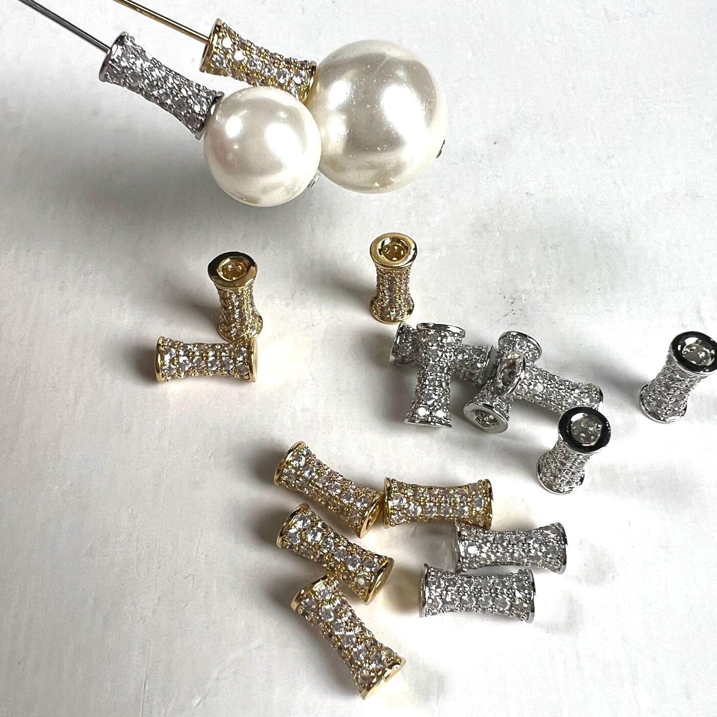 Cubic Zirconia CZ diamond Micro Pave dog bone drum tube spacer pendant center piece 4.5x9.5mm long. 1 piece