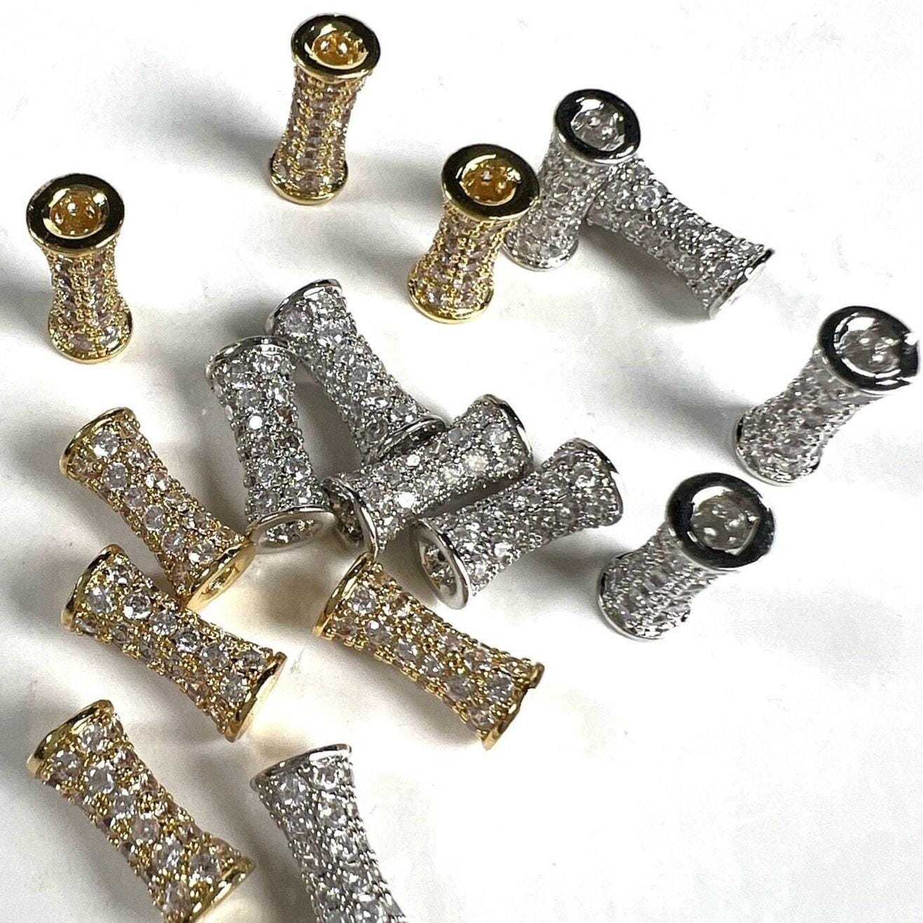Cubic Zirconia CZ diamond Micro Pave dog bone drum tube spacer pendant center piece 4.5x9.5mm long. 1 piece