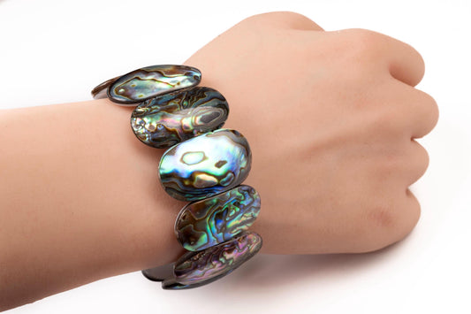 Genuine Abalone Paua Shell 16mm Double Drilled Vintage 7" Elastic Stretchy Bracelet