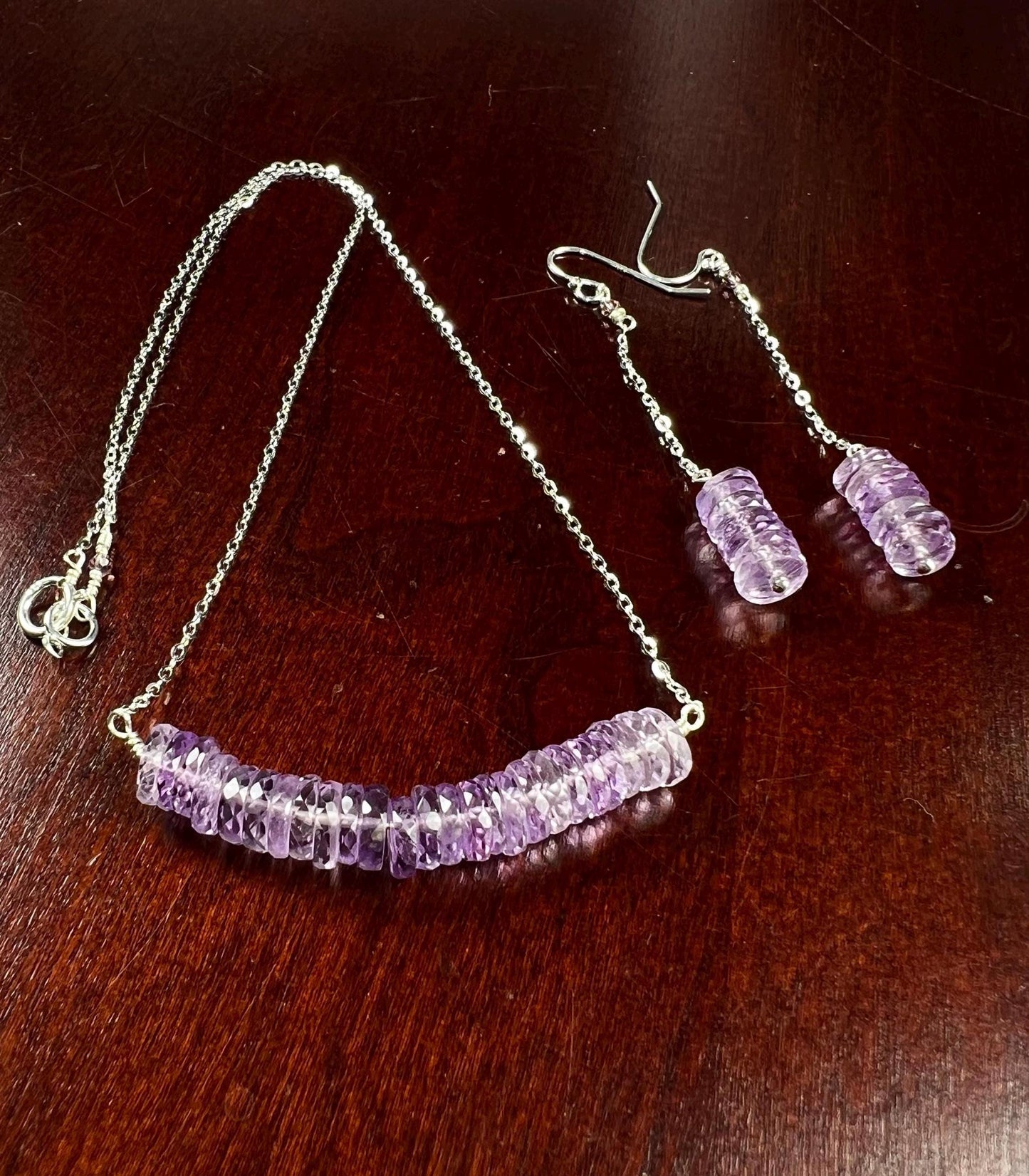 Natural Pink Amethyst AAA Faceted Heishi Beaded elegant Jewelry Set. 925 Sterling silver necklace and earrings set icy purple jewelry gift