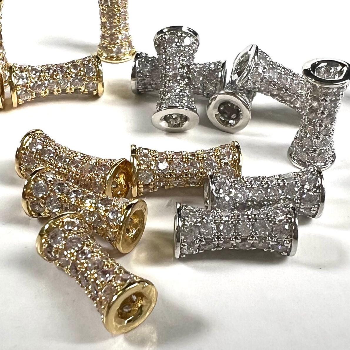 Cubic Zirconia CZ diamond Micro Pave dog bone drum tube spacer pendant center piece 4.5x9.5mm long. 1 piece