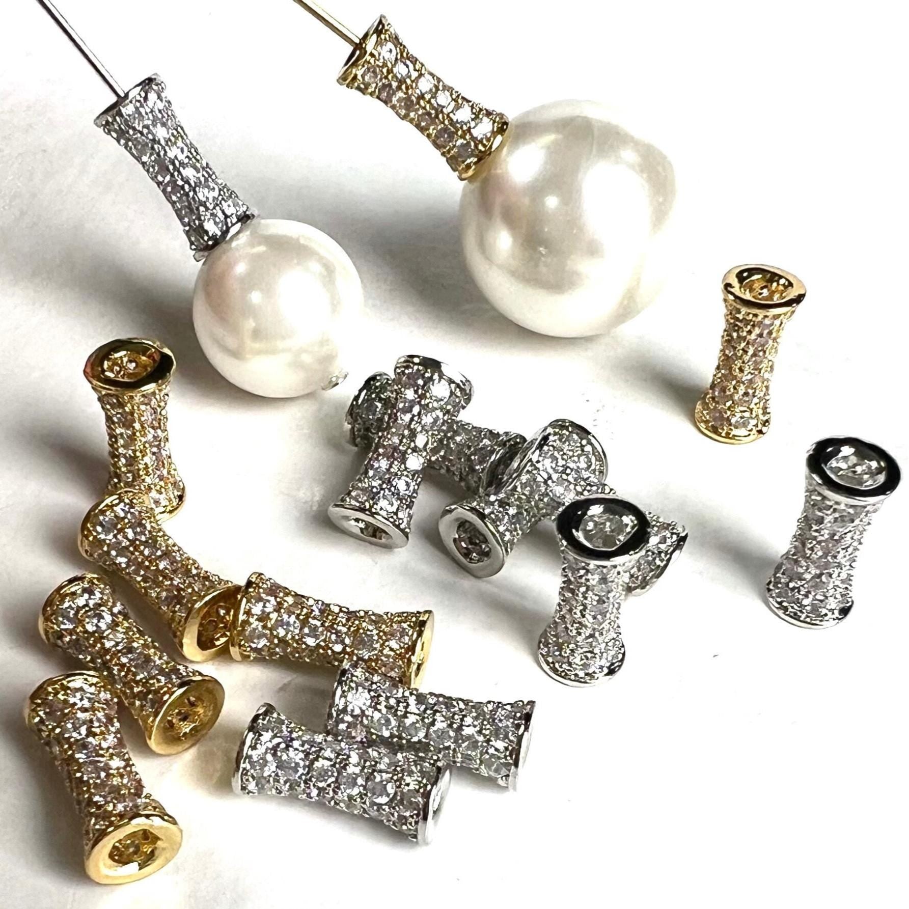 Cubic Zirconia CZ diamond Micro Pave dog bone drum tube spacer pendant center piece 4.5x9.5mm long. 1 piece