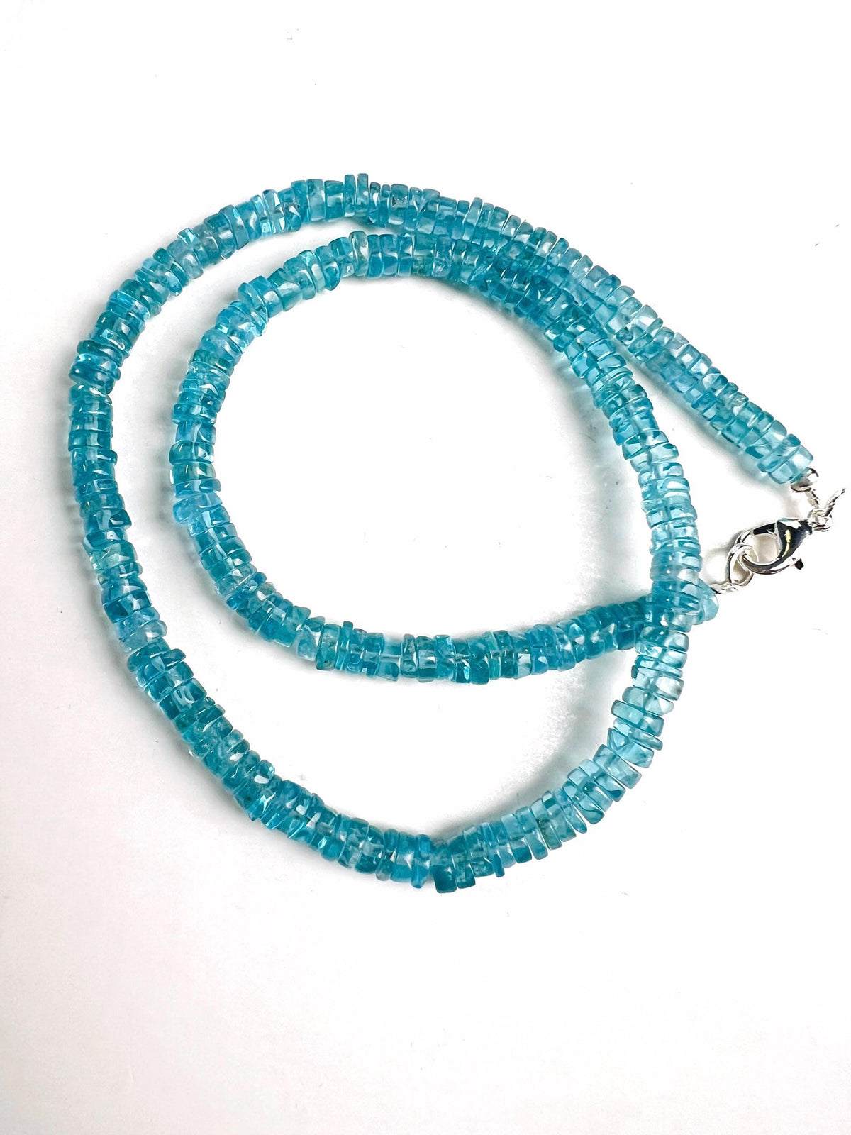 Natural Neon Blue Apatite 5mm Smooth heishi gemstone beaded necklace beautiful aqua neon blue beaded choker or layer necklace