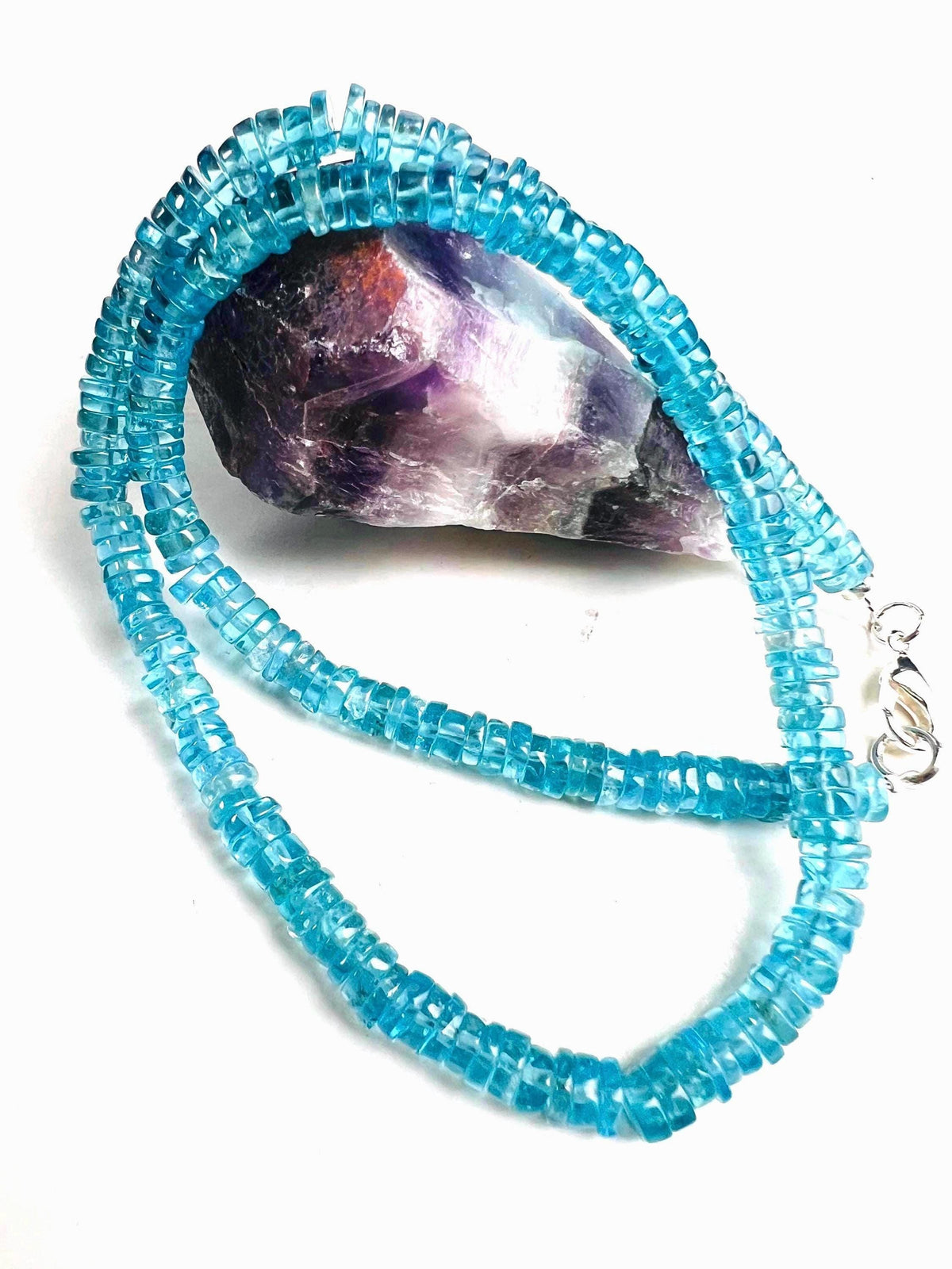 Natural Neon Blue Apatite 5mm Smooth heishi gemstone beaded necklace beautiful aqua neon blue beaded choker or layer necklace