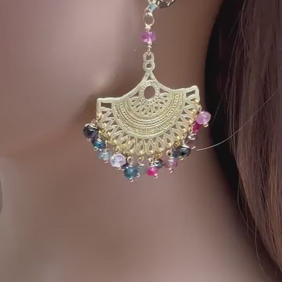 Watermelon Multi Tourmaline Faceted Roundel handmade wire Wrapped 18k Brush Gold Vermeil  Earrings, Bridal, Boho, Handmade Gift