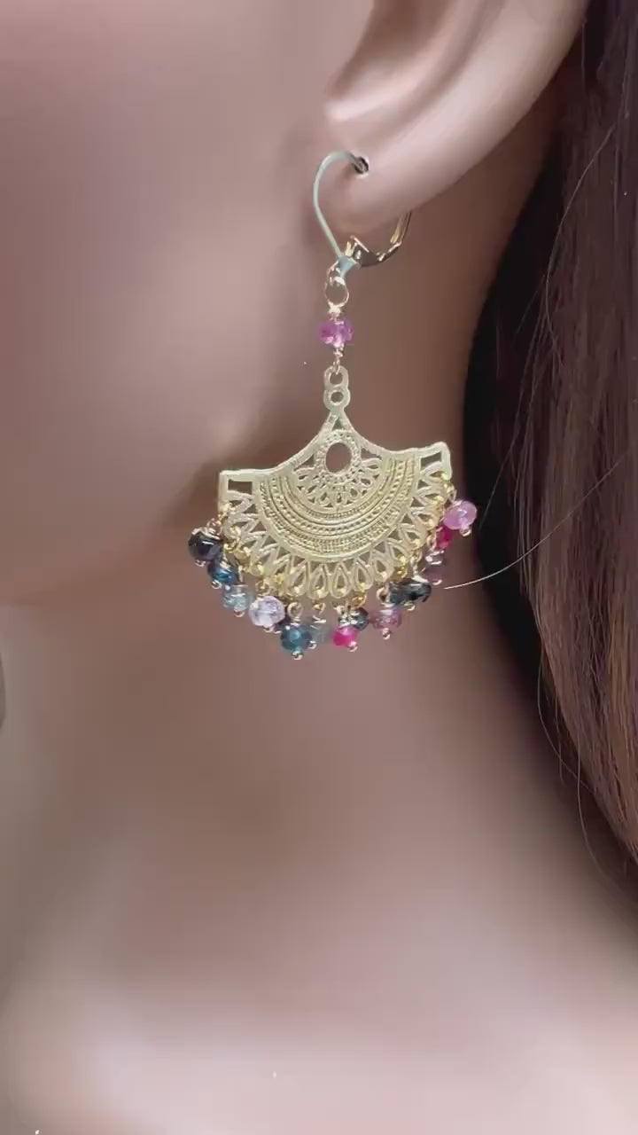 Watermelon Multi Tourmaline Faceted Roundel handmade wire Wrapped 18k Brush Gold Vermeil  Earrings, Bridal, Boho, Handmade Gift
