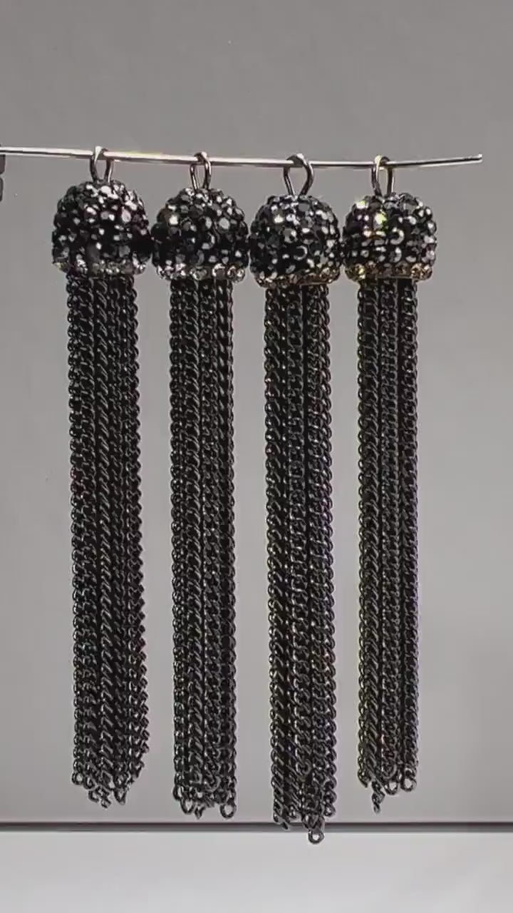 2 pieces black Gun Metal 10mm Rhinestone Crystal Cap Tassel with Gold, Silver line, Jewelry making Earrings, Pendant Findings.  70mm Long
