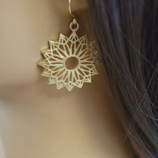 18K Gold Vermeil Bali Brush Gold Filigree Flower 30mm Circle Handmade Earrings, Beautiful light yellow gold Earrings gift