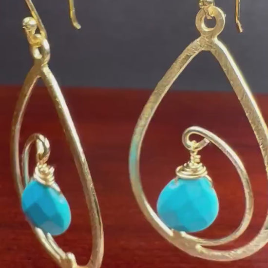 18k Gold Vermeil bali brush gold 40mm long drop hoop  with sleeping beauty blue Turquoise drop Earrings, beautiful light yellow gold gift