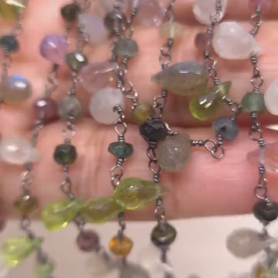 Multi Gemstone Faceted Briolette Rondelle Wire Wrapped Oxidized Silver Y Necklace, Peridot, Labradorite,Moonstone,Tourmaline, Pink Amethyst