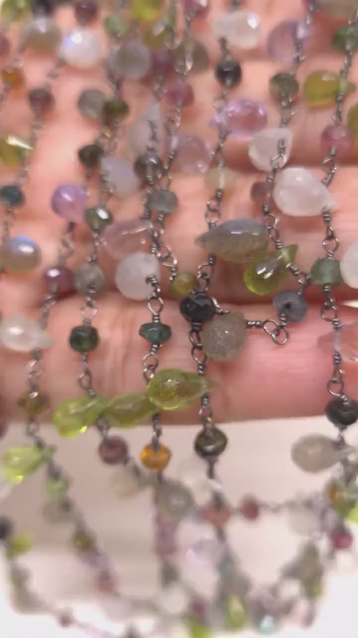 Multi Gemstone Faceted Briolette Rondelle Wire Wrapped Oxidized Silver Y Necklace, Peridot, Labradorite,Moonstone,Tourmaline, Pink Amethyst