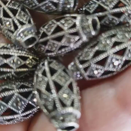 925 Sterling Silver Marcasite oval 9x20mm vintage spacer filigree hollow bead. 2.5mm hole size, Jewelry making findings, 1 piece price