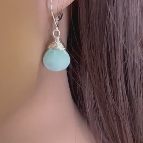 Amazonite Faceted 12mm heart Teardrop Wire Wrapped in Sterling Silver or 14k gold-filled earrings valentines girlfriend Mothers gift