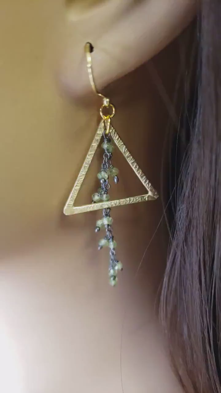 Natural Peridot Wire Wrapped cluster Dangling with 23x26 mm Triangular hammered brush Gold Vermeil Earring .August Birthstone,Tree of life