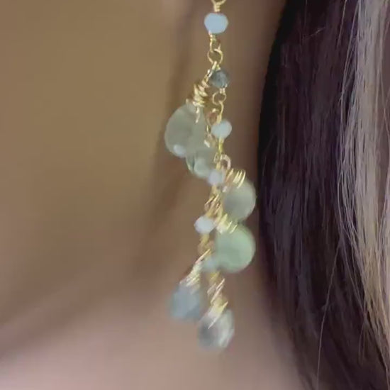Natural Prehnite, Tourmalinated Quartz 7x11 Faceted Briolette wire wrapped gold vermeil cascade Handmade earring