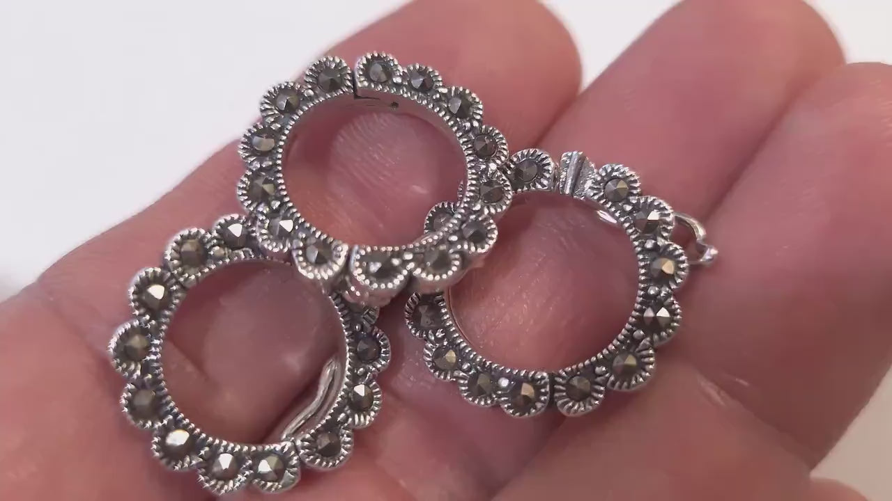 925 Sterling Silver Marcasite Safety Lock Shortner 19mm circle, 12mm inner diameter, Vintage Marcasite, 925 Stamped, Pearl Shortner. 1 Pc