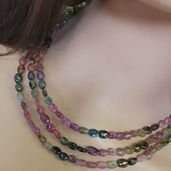 Multi Watermelon Tourmaline Smooth oval 3 line silver Necklace,Healing, Energy,Precious gift 16-18" plus 3" Extension chain