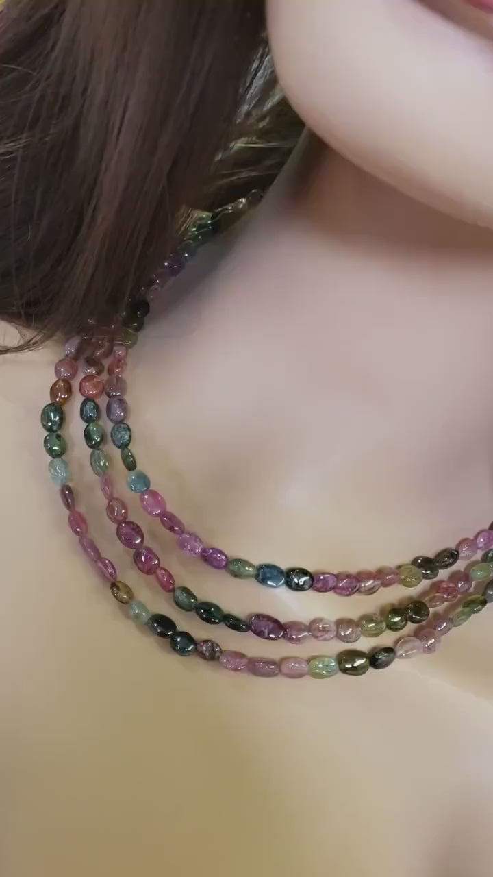 Multi Watermelon Tourmaline Smooth oval 3 line silver Necklace,Healing, Energy,Precious gift 16-18" plus 3" Extension chain