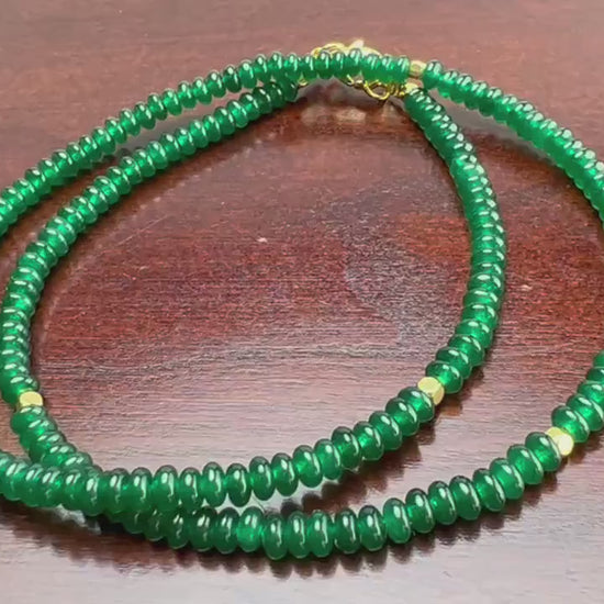 Natural Green jade, dark green 4mm smooth saucer roundel beaded choker, gold  spacer layering necklace, Chakra energy gift