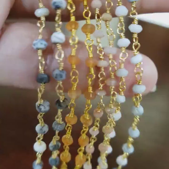 Opal Beaded Chain,Dendritic Opal, Carnelian orange, Blue Andean Boulder Opal,Pink Peruvian opal 3mm beaded gold, Wire Wrapped Necklace