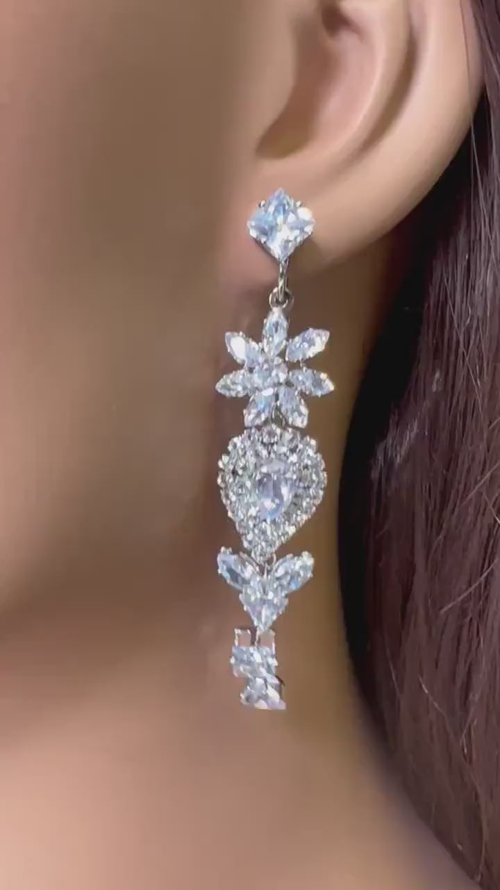 Cubic Zirconia CZ Diamond Rectangle PillShape Rhodium Silver Fancy long Post  Earrings, Valentine Evening Wear,Bridal