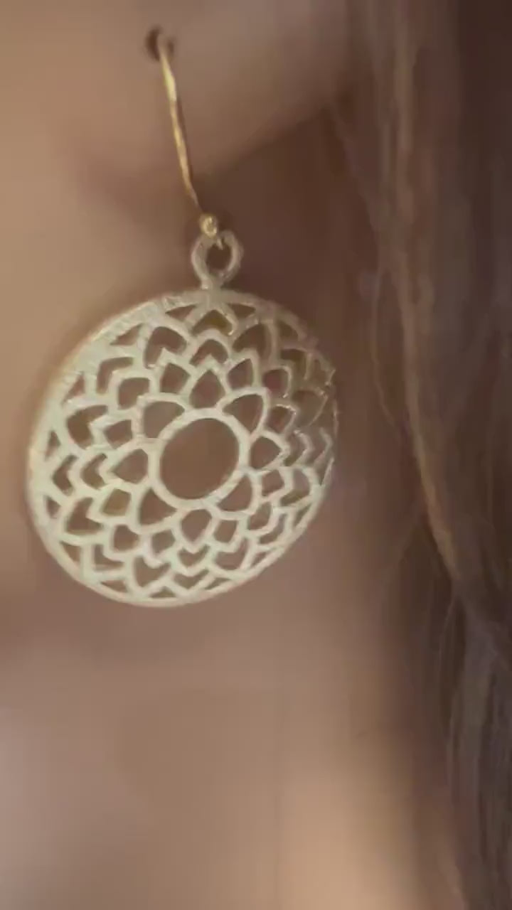 18k Gold Vermeil bali brush gold filigree flower 29mm circle Handmade Earrings, beautiful light  yellow gold color medium heavy weight gift