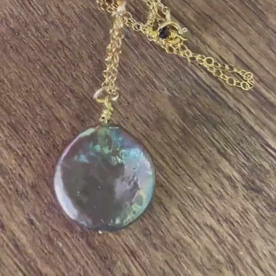 Freshwater Peacock Gray 16mm large Coin Pearl High Luster Dangling Wire Wrapped Pendant in Sterling Silver or 14k Gold Filled Necklace