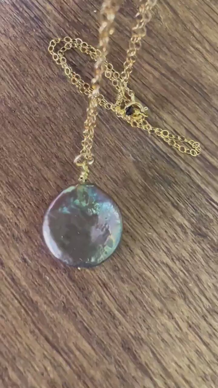 Freshwater Peacock Gray 16mm large Coin Pearl High Luster Dangling Wire Wrapped Pendant in Sterling Silver or 14k Gold Filled Necklace