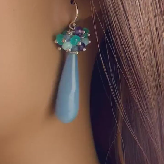 Amethyst, Apatite, Blue Opal, Tanzanite Clusters Dangling with Chalcedony Jade Long Briolette Wire Wrapped in 925 Sterling Silver Ear wire