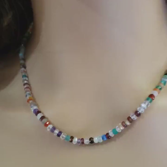 Natural Multi Gemstone Rainbow 4mm Disco Necklace, Moonstone, Garnet, Onyx, Carnelian, Amethyst, Smokey, Labradorite in 925 sterling silver