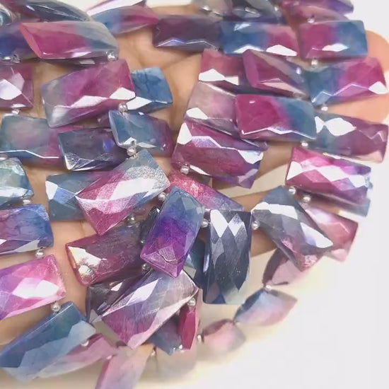 Moonstone Faceted Rectangle Pillow Shape, Moonstone Mystic Purple Blue Coated Faceted Top Drilled 10x17-22mm Gemstone Bead 10" Strand, 21pcs