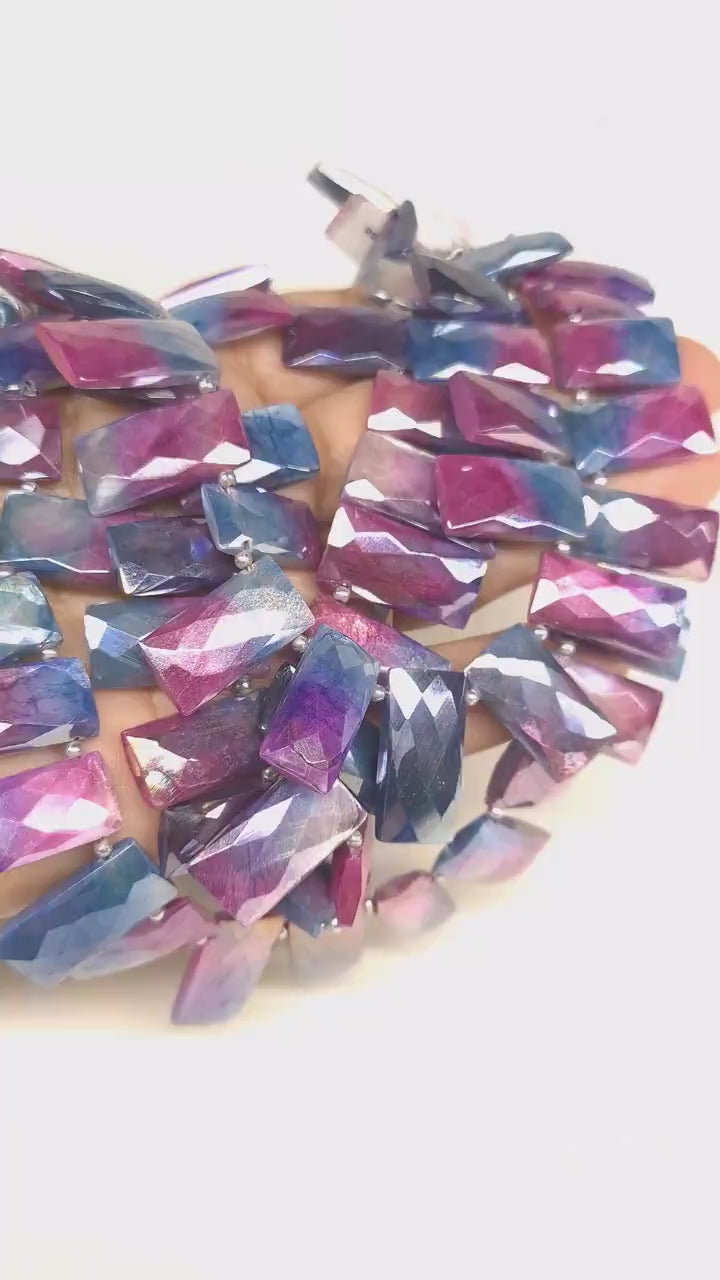Moonstone Faceted Rectangle Pillow Shape, Moonstone Mystic Purple Blue Coated Faceted Top Drilled 10x17-22mm Gemstone Bead 10" Strand, 21pcs