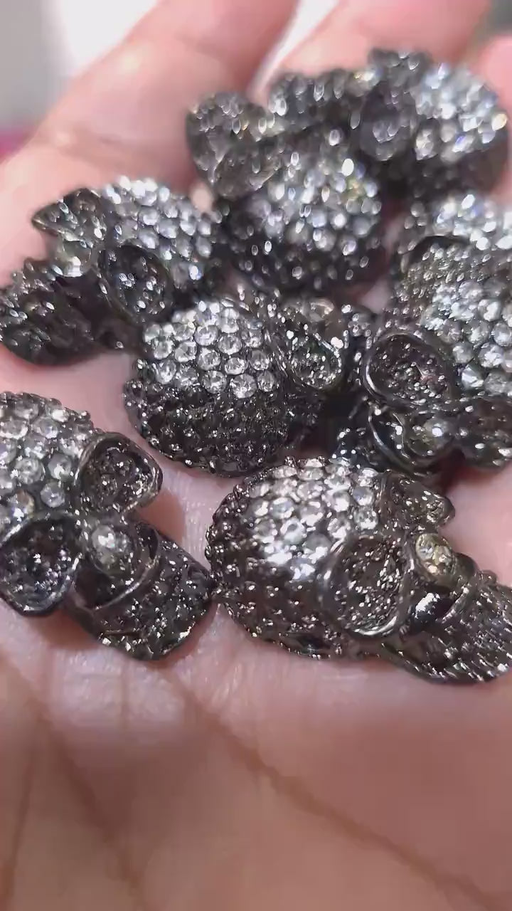 Crystal rhinestone pave gunmetal  black 15x24mm Skull center drilled , sparkly, spacer, focal bead, home decor, Halloween bracelet making pc