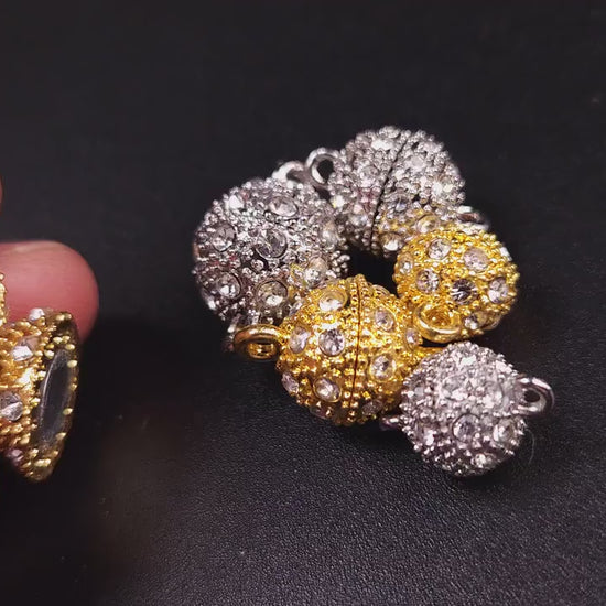 4 sets Silver, Gold 10,12,14mm Ball clasp with Rhinestone crystal setting, jewelry making Mag Ball clasp. 4 pcs sets